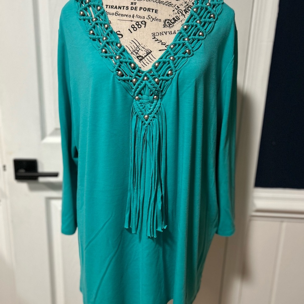 Ruby Rd. Turquoise V-Neck Tunic with Fringe
